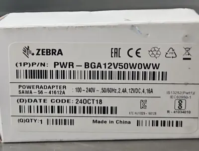 Zebra PWR-BGA12V50W0WW Power Adaptor 50/60Hz 4A 12VDC (BIN344)