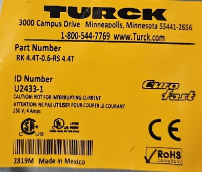 Used TURCK ELEKTRONIK RK 4.4T-0.6-RS 4.4T Cable & Wire South Carolina US | Palmetto Automation #1159659