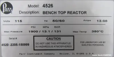 Used Parr Model 4526 Bench Top Reactor 2L 1900 PSI with 4848 Controller