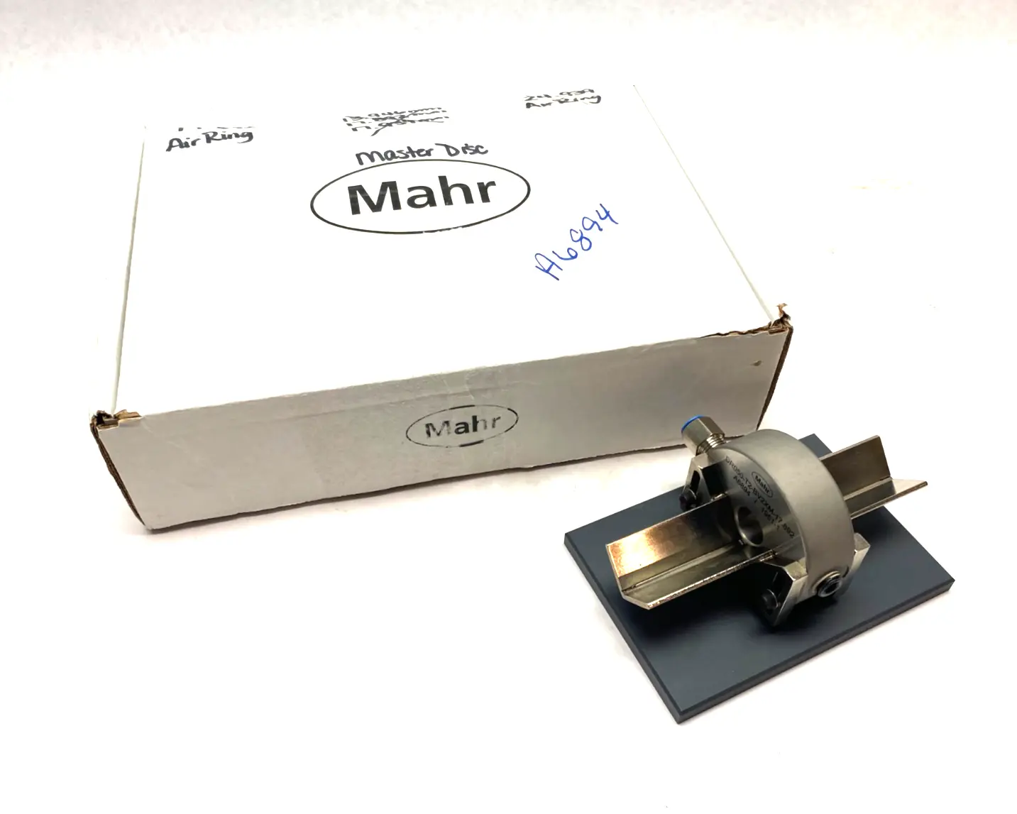 USED MAHR DIMENSIONAIR 2-JET AIR RING GAUGE W/ GUIDE CHUTES & BASE PLATE