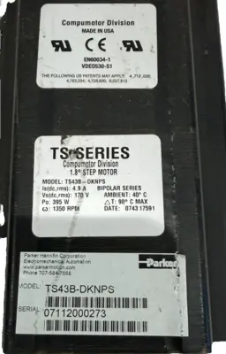 USED PARKER COMPUMOTOR TS SERIES TS43B-DKNPS 1.8 STEP MOTOR 170VDC 395W 1350RPM