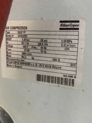 2015 ATLAS COPCO GA 37 FF Air Compressors | STONE EQUIPMENT WAREHOUSE (4)