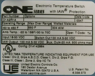 NEW UNITED ELECTRIC D1A2R1A TEMPERATURE SWITCH -50 TO 450F