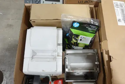 PALLET OF ASSORTED OFFICE SUPPLIES, TONER, LABEL PRINTERS, PACKAGING MACHINE, PHONE, SIGNAGE