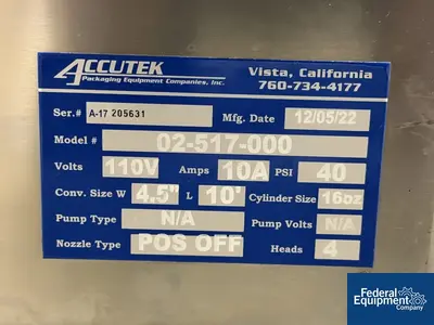 Used Accutek Accutek Inline Piston Filler, Model AVF4-16 Liquid Fillers Ohio US | Federal Equipment Company #1337957