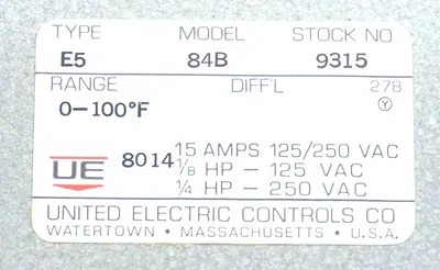 NEW UNITED ELECTRIC E5-84B TEMPERATURE SWITCH E584B