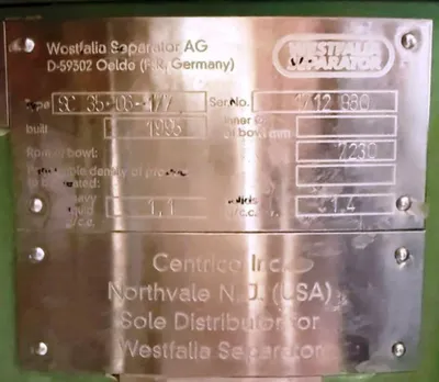 Westfalia SC 35-06-177 Hydrostop clarifier centrifuge, 316SS.