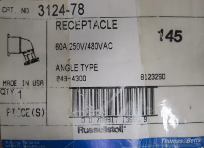 NEW THOMAS & BETTS 3124-78 RECEPTACLE 60A 250V/480VAC 312478
