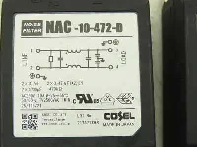 Cosel NAC-10-472-D Noise Filter 250V 10A TV2500VAC 1 MIN 2 Pole Lot of 4