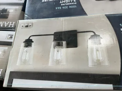 Lot of (5) Hampton Bay Evangeline 3-light Vanity Fixtures, Modern Bronze Finish with Clear Seeded Gl...