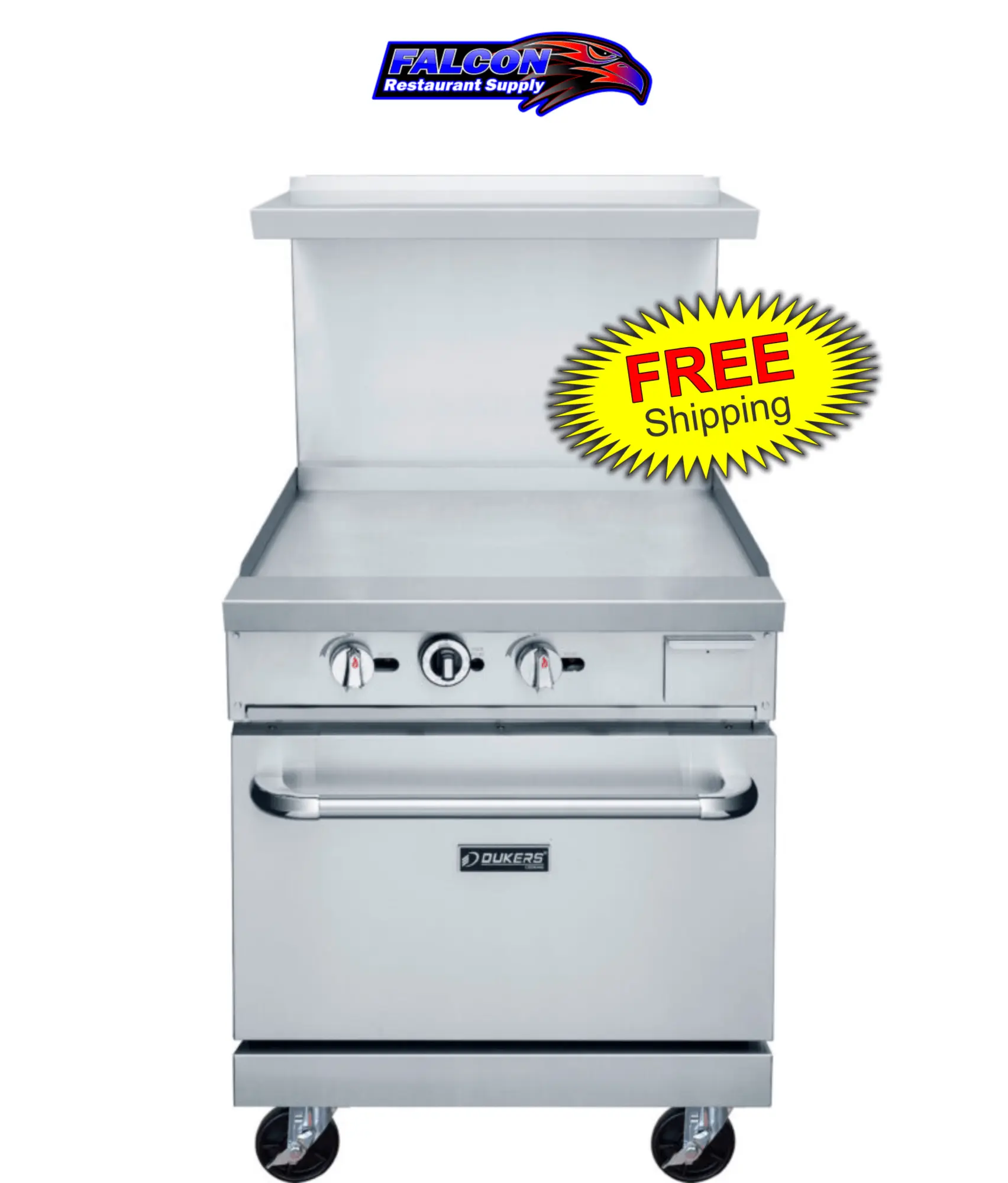 New | in-Stock Dukers New Dukers DCR24-GM 24" Gas Range with 24" Flat Top Griddle Commercial Ranges Illinois US | Falcon Restaurant Supply #1376295