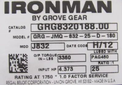 NEW GROVE GEAR GRG8320188.00 GEAR REDUCER 25:1 GRG-JMQ-832-25-D-180