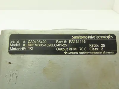 Sumitomo RNFMS05-1320LC-X1-25 Gearmotor 25:1 Ratio .5Hp 70rpm 3PH Hollow Shaft