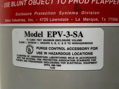 USED BEBCO INDUSTRIES EPV-3-SA PURGE CONTROL ACCESSORY 75 CF MAX ENCLOSURE VOLUME