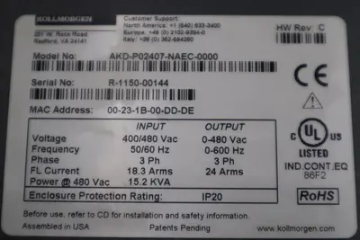 KOLLMORGEN AKD-P02407-NAEC-0000 AC Servo Drive Rev C STOCK 512-B