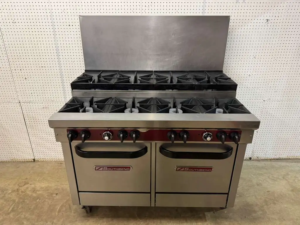 Used Southbend Used 48" Southbend X448EE 8 Burner Range w/ (2) Space Saver Ovens, Natural Gas Commercial Ranges Illinois US | Falcon Restaurant Supply #1374937