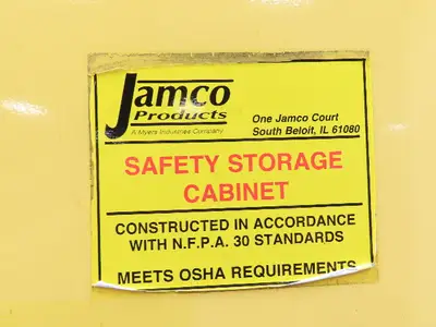 Jamco FM90 Safety Flammable Cabinet 60 Gallon Double Shelf Yellow Rusted Base