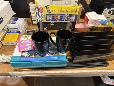 (1) 80" wooden desk with contents, includes paper shredder, paper organizers, Rolodex cards, coffee ...