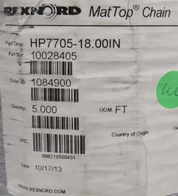 NEW REXNORD 10028405 MAT TOP CONVEYOR CHAIN HP7705-18.00IN 10'L x 18"W