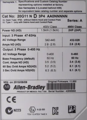 ALLEN BRADLEY 20G11ND3P4AA0NNNNN POWERFLEX 755 SER. A 2HP (NEW SURPLUS)