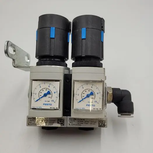 Used FESTO TWO FESTO REGULATORS MS4-LRB-1/4-D6-AS WITH BRACKET & AIR-LINE ELBOWS Misc Fasteners | ND Industrial Surplus #1219419