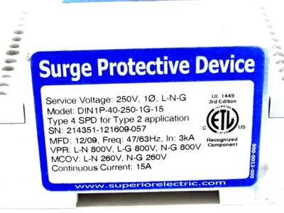 NEW SUPERIOR ELECTRIC DIN1P-40-250-1G-15 SURGE PROTECTOR DIN1P402501G15