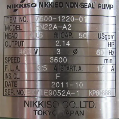 NEW NIKKISO HN22A-A2 NON-SEAL PUMP 460V 7600-1220-01 HN22AA2