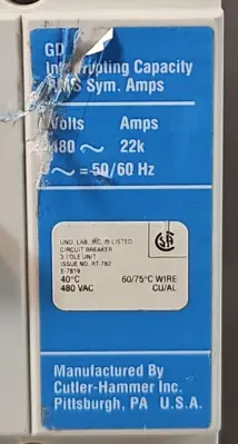 Westinghouse GD 22K Circuit Breaker 3 Poles 480V (BIN433)