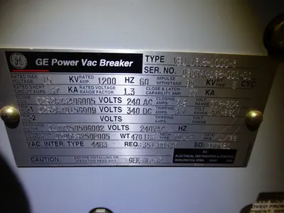 GE Powervac Switchgear w/ VB1 13.8-1000-3, 15KV, 1200A Breaker