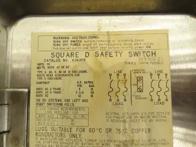 Square D H361DS Safety Disconnect Switch 30A 600V 3PH Fused Stainless