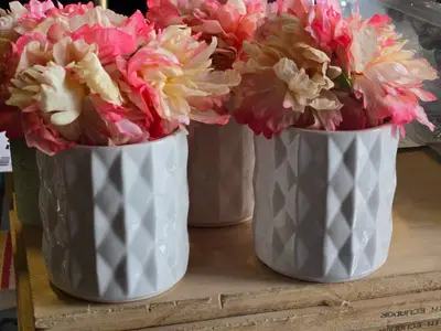 Lot of (4) Silk Faux Flower Arrangement in White Ceramic Vase (pink/white)