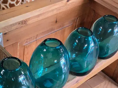 Lot of (4) Handblown Art Glass Table Vases by Holmegaard 6" x 7" (blue) (rounded triangle)
