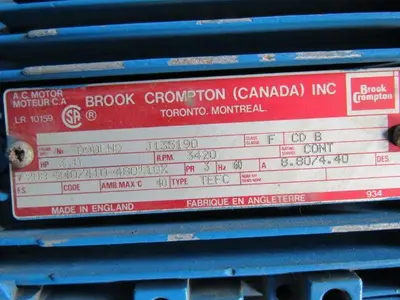 Brook Crompton J135190 3HP 3420RPM 3PH 208-240/410-480V Fan