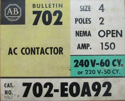 ALLEN BRADLEY 702-EOA92 AC CONTACTOR SIZE 4 SER.K 2-POLE 702EOA92 NEW SURPLUS