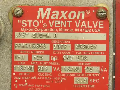 Maxon .75" STO-A 0 Natural Gas Shut Off Vent Valve 3/4"NPT 125PSI 115V