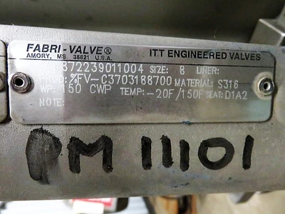 Fabri-Valve 8"-150 knife gate valve, hand wheel operated, Unused Condition