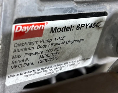 Used Dayton 6PY45C Diaphragm Pumps Indiana US | J&J Industrial Supply #1368426