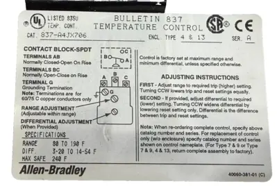ALLEN BRADLEY 837-A4JX706 TEMPERATURE CONTROL 837A4JX706 NEW, SURPLUS