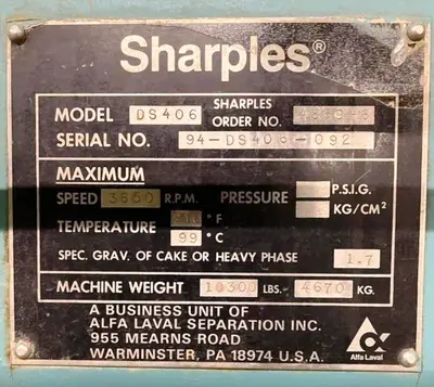 (2) Alfa-Laval/Sharples DS-406 Super-D-Canter centrifuges, 316SS.
