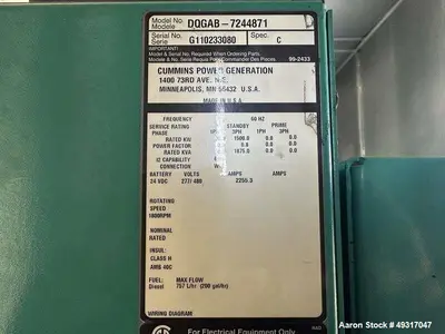 Used Cummins DQGAB 1500 kW Diesel Generator – Tier 2, PMG, Sound Enclosure, UL2085 Fuel Tank