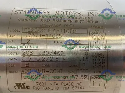 USED STAINLESS MOTORS PE2C02N04B1TOFM STAINLESS STEEL 2 HP WASHDOWN DUTY MOTOR