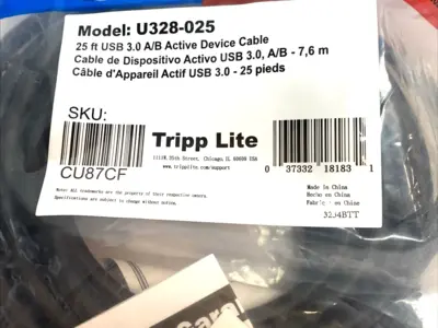 USED TRIPP LITE USB 3.0 SUPERSPEED ACTIVE REPEATER 25FT CABLE A/B