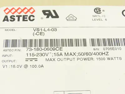 Astec VS1-L4-03(-CE) Power Supply 115-230VAC Input 15V 100A 1500W Output