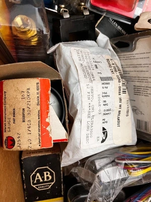 Box of Industrial Electrical Parts and Controls Including Allen-Bradley, Relays, Adapters, and Connectors