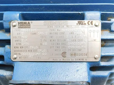 2 HP Siemens 1LA01452EE41 Motor 460V 2.4A 3495 RPM 145T Frame 1.15 SF Used