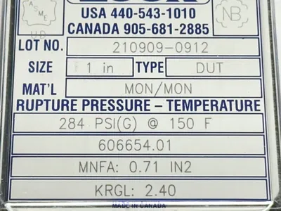 D-0025-U00129, 210909-0912 | ZOOK D-0025-U00129 210909-0912 DUT Series 1" Rupture Disk 284PSIG 150F 606654.01 - New Other