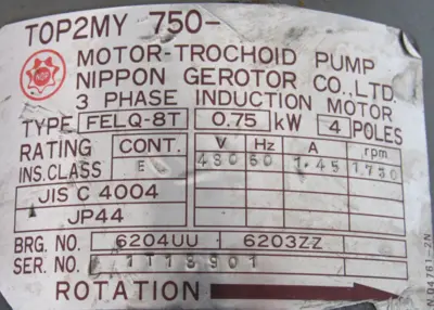 REFURBISHED NIPPON TOP-206HBMVB TROCHOID PUMP 480V FELQ-8T