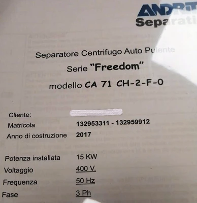 Andritz-Frautech Freedom CA 71 CH-2-F-0 hermetic wine clarification skid, 316SS.
