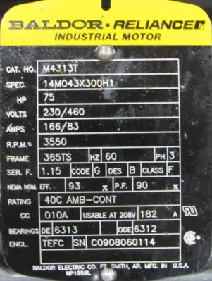 NEW BALDOR M4313T MOTOR 75HP 230/460V 3550 RPM 365TS 1-7/8" SHAFT