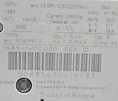 Allen Bradley 1489-M1C030. Ser D. Circuit Breaker. 4E-22